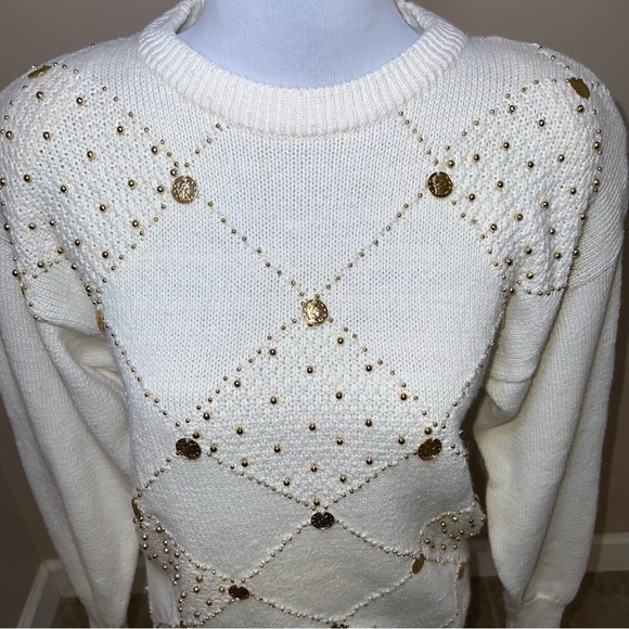 Eminent Womens Vintage 80"s Cream Crew Neck Sweater w/Coin Decoration Size Small - Picture 4 of 8